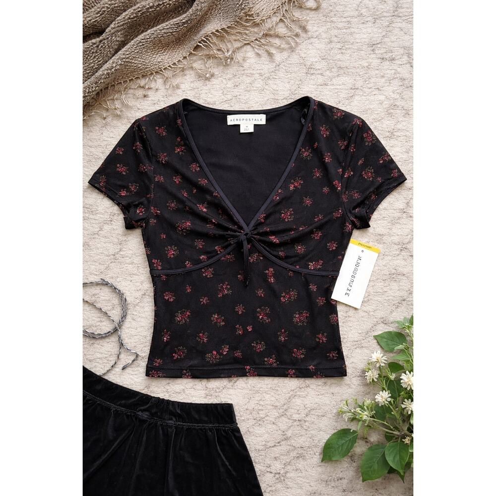 NWT Black Floral Mesh Tie Front Top Whimsygoth Dark Romance Y2K‎ fairycore
